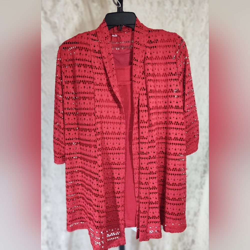 Kim Rogers Crimson Red  Knit Cardigan And Tank Set